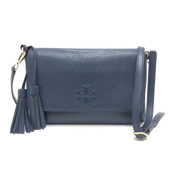 Tory Burch Logo Fringe Shoulder Bag, Leather, Women's, Blue - Picture 1 of 10
